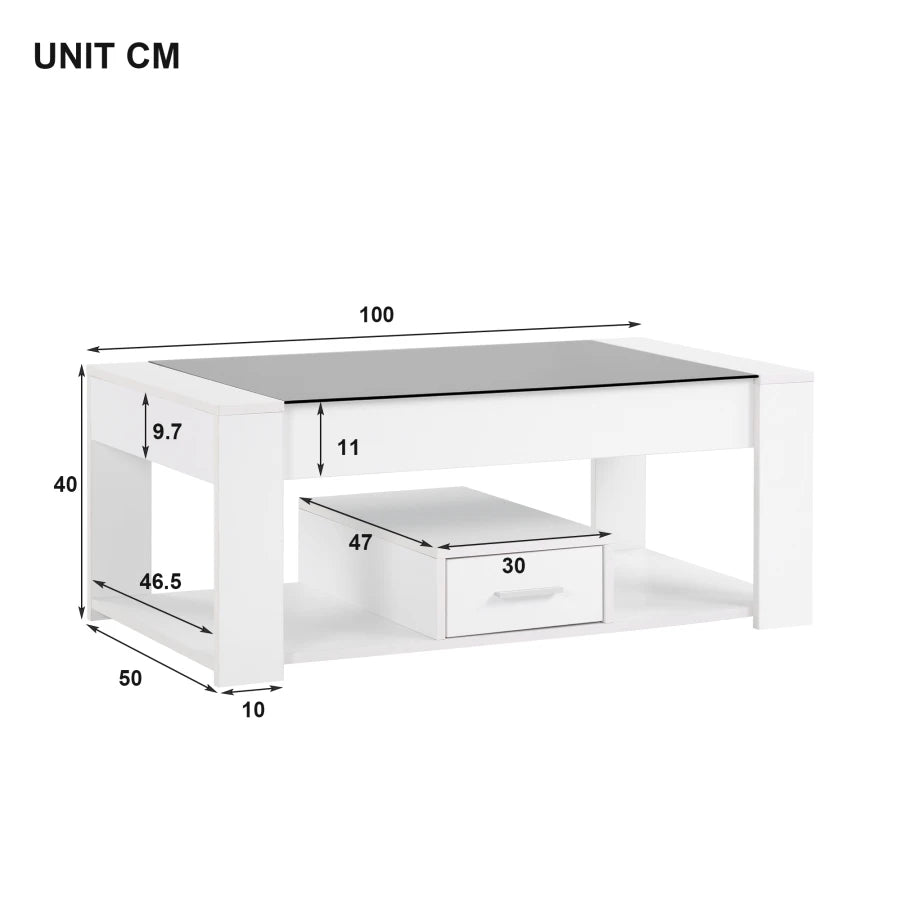 Table basse Clarys blanche en verre avec tiroir